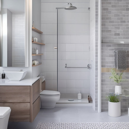 A serene, modern bathroom with a sleek, wall-mounted shower caddy, a recessed medicine cabinet, and a pedestal sink with a slide-out drawer, surrounded by calming, neutral-toned tiles.