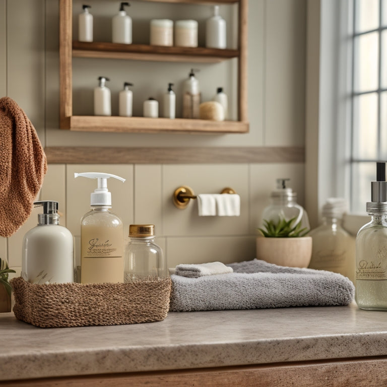 A serene bathroom scene with a rustic wooden shelf above a sink, adorned with three mason jars of varying sizes, filled with rolled towels, soap, and small bathroom accessories, against a soft gray background.