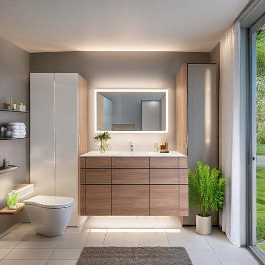 A modern bathroom with a wall-mounted, LED-lit, mirrored cabinet above a sleek, wall-to-wall vanity, alongside a floor-to-ceiling, glass-door storage unit and a recessed, sliding shelf beneath the sink.