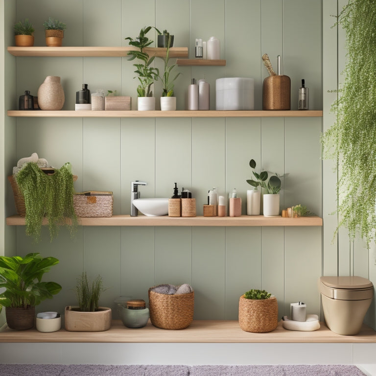 A stylish bathroom with floating wooden shelves adorned with neatly arranged toiletries, lush green plants, and decorative jars, set against a soft pastel wall, creating an organized and inviting space.