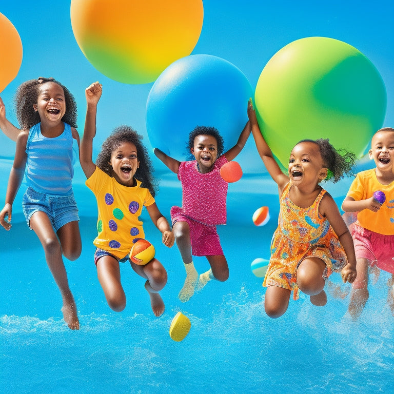 A vibrant illustration depicting a smiling, diverse group of children jumping into a bright blue pool, surrounded by colorful beach balls and pool toys, with a subtle New York state outline in the background.