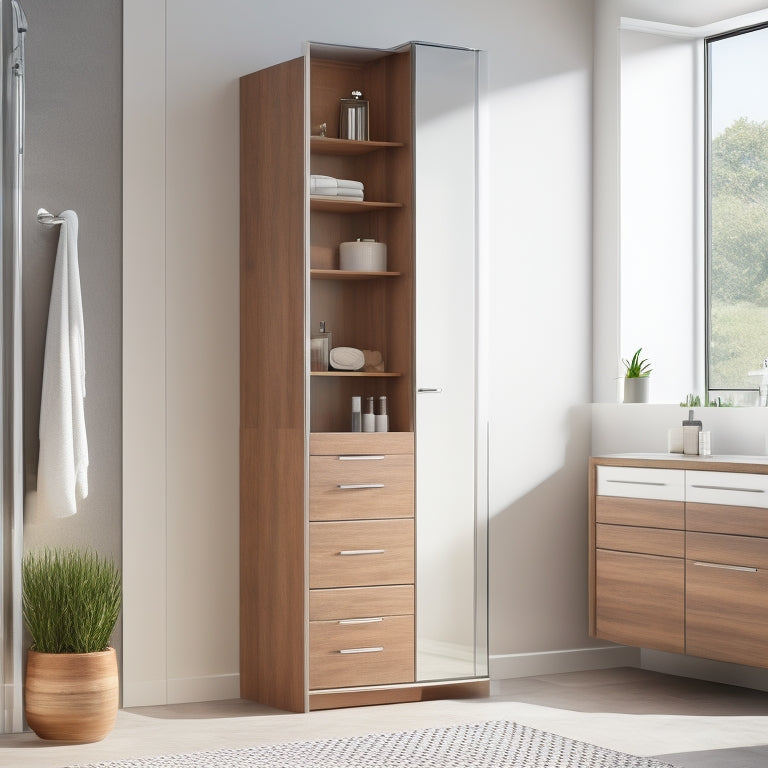 A modern bathroom with a tall, sleek storage tower in the corner, featuring multiple drawers, shelves, and cabinets in a combination of glass and wood, surrounded by a clean, minimalist backdrop.