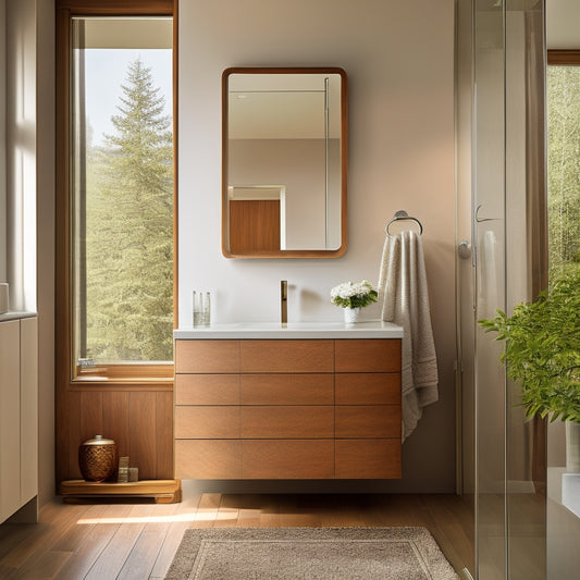 A serene, modern bathroom with a large mirror, sleek countertops, and a floor-to-ceiling designer wall cabinet in a warm, honey-oak finish, adorned with elegant metal hardware and ambient lighting.