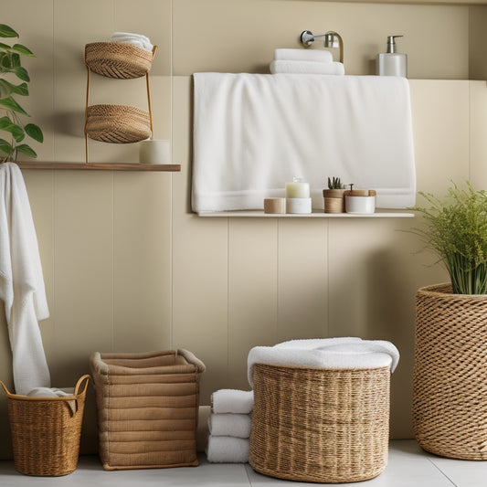 A serene, well-lit bathroom with a wall-mounted shelf featuring three woven baskets, holding plush towels in neutral tones, surrounded by calming greenery and a minimalist aesthetic.