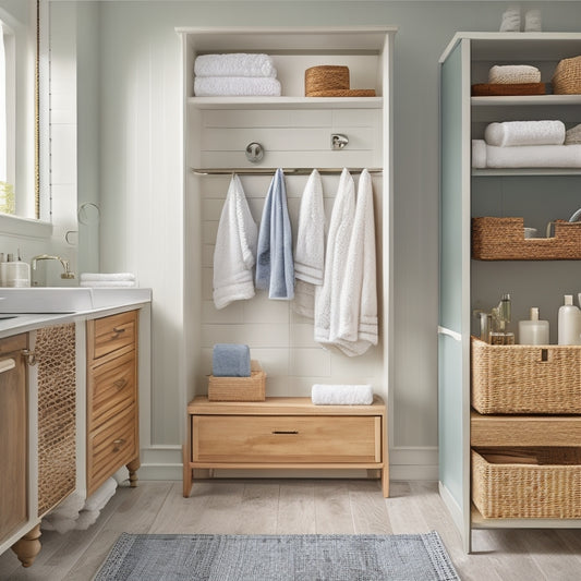 A serene, well-lit bathroom with a sleek, wall-mounted shelving unit holding neatly stacked towels, baskets, and bins, surrounded by a tidy countertop and a closed, organized cabinet.