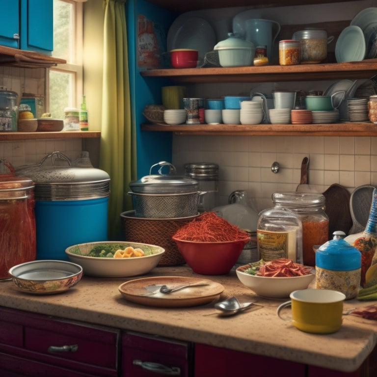 A cluttered kitchen cabinet with stacks of mismatched dishes, tangled utensils, and expired canned goods spilling out, surrounded by dust and cobwebs, with a few items falling to the countertop.