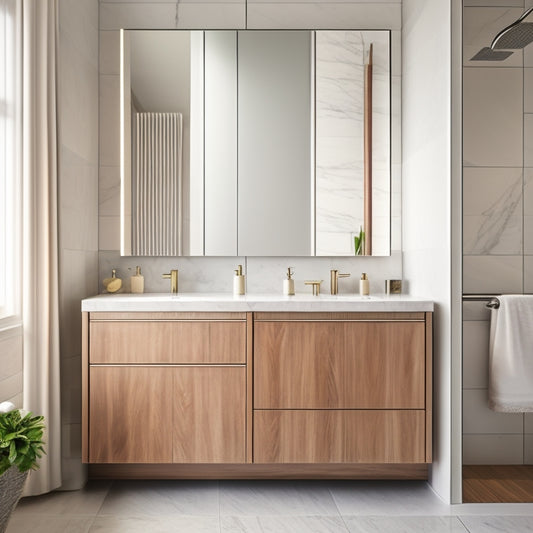 A sleek, minimalist bathroom featuring a floating wooden cabinet with soft-close drawers, surrounded by elegant marble tiles, ambient lighting, and stylish silver fixtures, creating a serene and contemporary atmosphere.