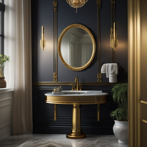 A luxurious bathroom scene featuring a sleek, wall-mounted sink in matte black finish, paired with a large, oval-shaped mirror in a ornate gold frame, surrounded by soft, warm lighting.