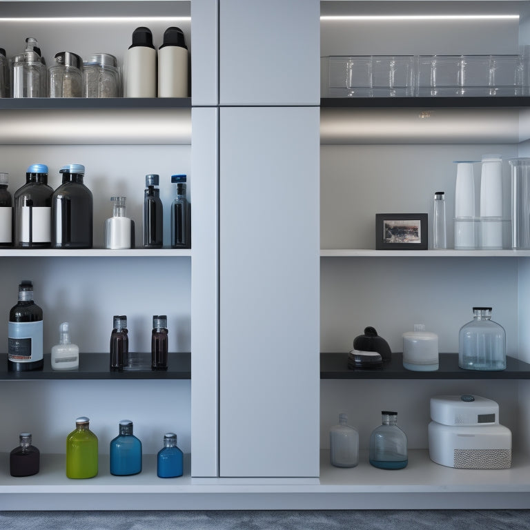 A modern, sleek medicine cabinet with adjustable shelves in various heights, filled with differently sized bottles and containers, alongside a cluttered, standard shelf in the background for contrast.