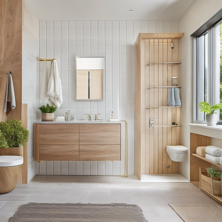 A sleek, modern bathroom with a wall-mounted sink, a toilet, and a walk-in shower, featuring open shelves in a natural wood tone, holding rolled towels, woven baskets, and decorative vases.