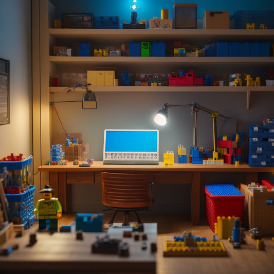 A tidy, well-lit workspace with a large, wooden desk, surrounded by neatly stacked Lego brick containers, with various Lego models and parts organized by color and shape on shelves and in bins.