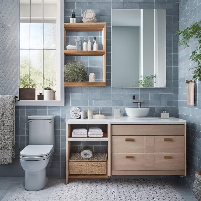 A modern bathroom with sleek, wall-mounted cabinets, a floating vanity, and a geometric-patterned floor, surrounded by various storage solutions, such as woven baskets and tiered shelving units.