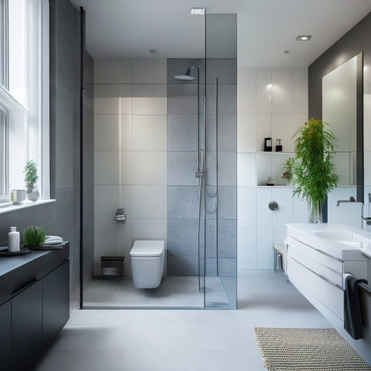 A modern, minimalist bathroom with a sleek, wall-mounted sink and a walk-in shower combo, surrounded by large, matte-finish tiles, and a floor-to-ceiling glass partition separating the wet area.