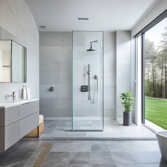 A serene, modern bathroom with a freestanding tub, surrounded by large format grey tiles, a floor-to-ceiling glass shower enclosure, and a sleek, minimalist vanity with a wall-mounted faucet.