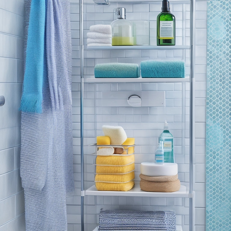 A modern bathroom scene showcasing a sleek, multi-tiered shower caddy with hooks, filled with colorful bottles, loofahs, and washcloths, set against a serene tiled wall with a gentle steam rising.