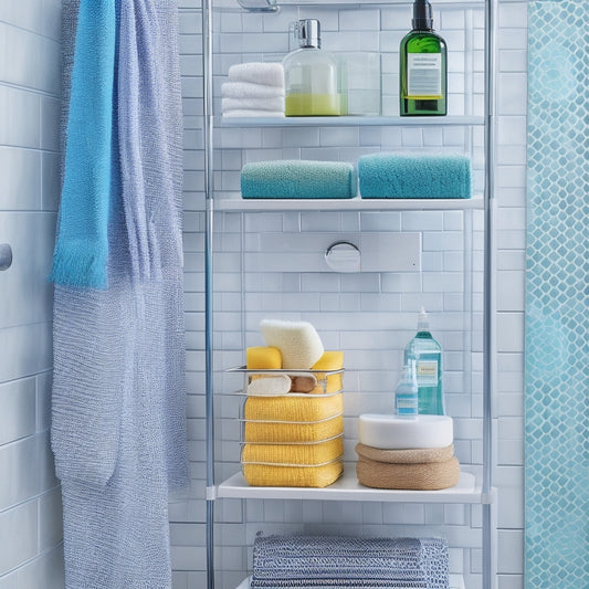 A modern bathroom scene showcasing a sleek, multi-tiered shower caddy with hooks, filled with colorful bottles, loofahs, and washcloths, set against a serene tiled wall with a gentle steam rising.