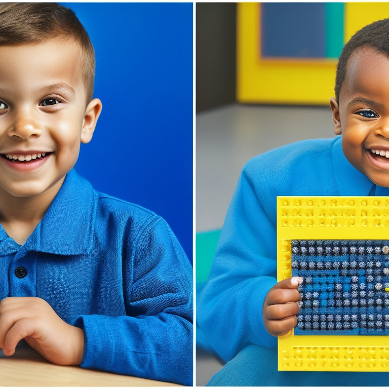 A split-screen image featuring a LEGO Braille billboard on the left, with raised dots forming a LEGO logo, and a visually impaired child on the right, smiling while holding a custom-built LEGO creation with Braille labels.