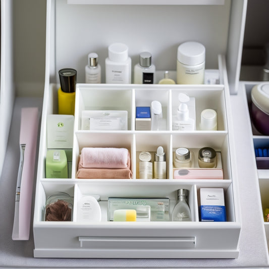 A cluttered bathroom drawer overflowing with toiletries, makeup, and skincare products, contrasted with a tidy, organized drawer featuring divided compartments, stacked containers, and neatly arranged items.