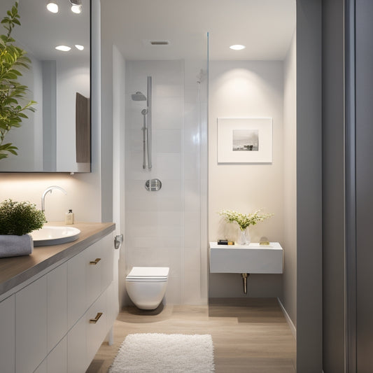 A serene, well-lit, and sleek small bathroom with a wall-mounted sink, a compact toilet, and a walk-in shower with a glass enclosure, surrounded by modern, minimalist decor.