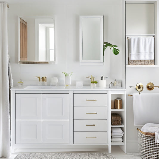 A minimalist bathroom with a sleek, white vanity featuring seven different storage organizers, including a tiered cabinet, woven baskets, and a mirrored medicine cabinet, surrounded by soft, natural light.