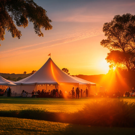 A warm sunset casts a golden glow on a lush green lawn, where a vibrant outdoor festival unfolds, featuring a majestic stage, twinkling string lights, and joyful people mingling amidst colorful tents and food stalls.