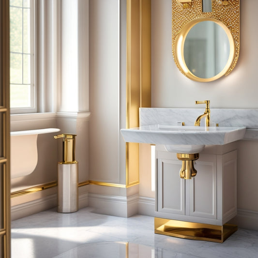 A luxurious, modern bathroom with a pedestal sink vanity centered, surrounded by creamy marble floor, soft golden lighting, and a blurred background, showcasing various pedestal sink styles and sizes.