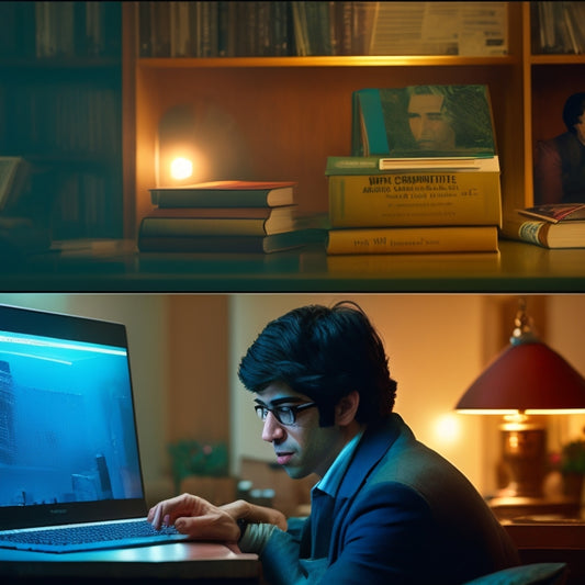 A split-screen image featuring a futuristic, glowing laptop on the left, surrounded by scattered papers and books, and a somber, dimly lit portrait of Aaron Swartz on the right, with subtle hints of code in the background.