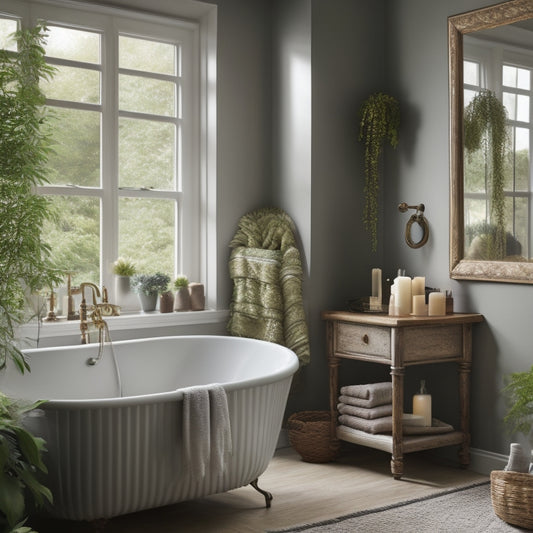 A serene bathroom scene with a freestanding tub, surrounded by lush greenery, soft gray walls, and a floor-to-ceiling window allowing natural light to pour in, with a few candles and a woven basket nearby.