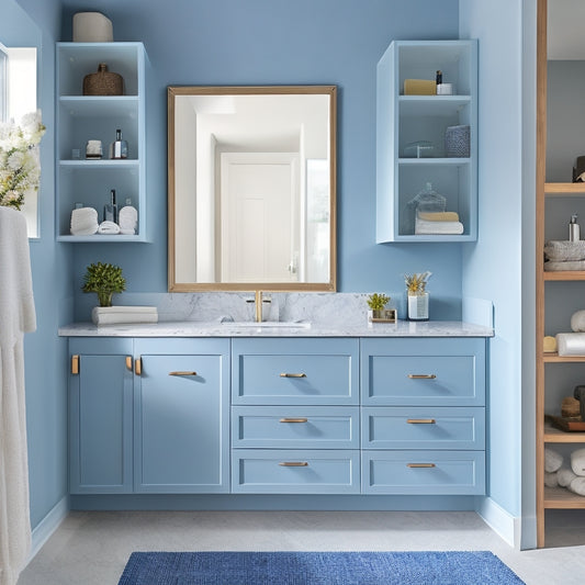 A modern bathroom with a sleek, wall-mounted cabinet featuring slide-out drawers and shelves, surrounded by a clutter-free countertop, minimal decor, and a calming, soft-blue color scheme.