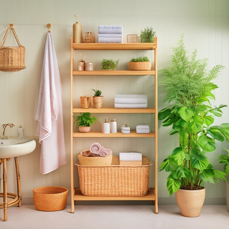 A stylish bathroom featuring sleek, wall-mounted organizers: bamboo shelves filled with neatly arranged towels, potted plants, and elegant storage baskets, all against a soft pastel background, enhancing space efficiency and aesthetic appeal.
