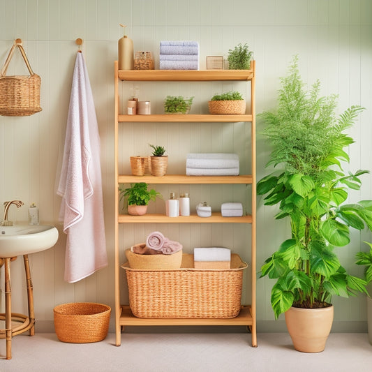 A stylish bathroom featuring sleek, wall-mounted organizers: bamboo shelves filled with neatly arranged towels, potted plants, and elegant storage baskets, all against a soft pastel background, enhancing space efficiency and aesthetic appeal.
