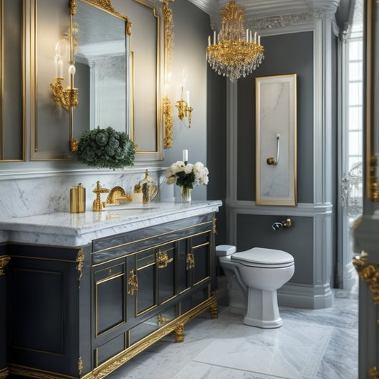 A luxurious bathroom with a sleek, white pedestal vanity featuring ornate gold hardware, set against a backdrop of dark grey marble and illuminated by a stunning crystal chandelier.