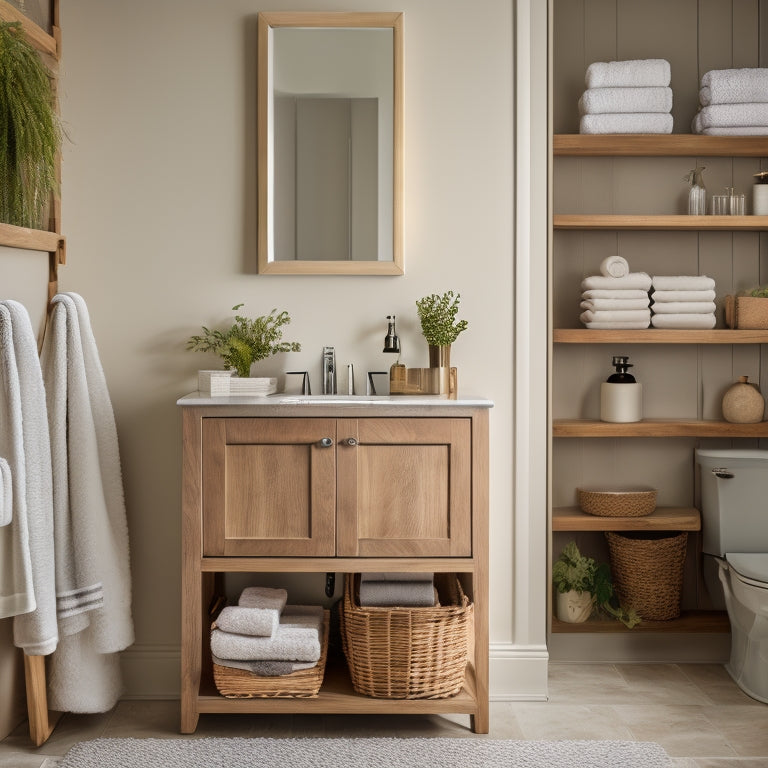 A stylish bathroom scene featuring a sleek wooden cabinet with open shelving, neatly organized towels, chic baskets, and elegant decor; soft lighting and modern fixtures create a serene, trendy atmosphere.