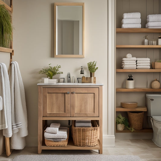 A stylish bathroom scene featuring a sleek wooden cabinet with open shelving, neatly organized towels, chic baskets, and elegant decor; soft lighting and modern fixtures create a serene, trendy atmosphere.