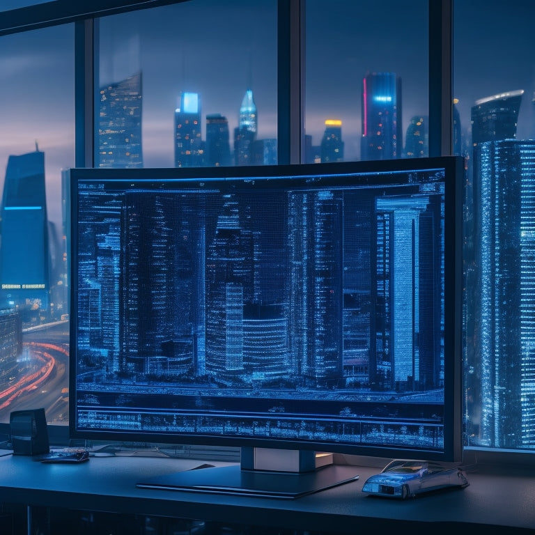 A futuristic, neon-lit cityscape at dusk, with sleek skyscrapers and curved lines, featuring a massive, glowing desktop monitor displaying a wireframed website blueprint in the foreground.