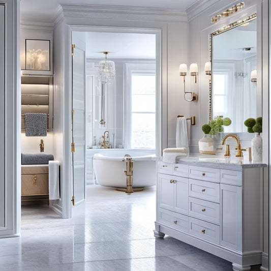 A luxurious bathroom with a wall-mounted, floor-to-ceiling, glossy white vanity cabinet featuring soft-close drawers, chrome hardware, and a large, frameless mirror above a sleek, freestanding tub.