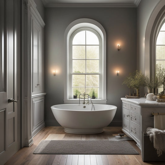 A serene, candle-lit master bathroom with a sleek, white freestanding tub centered beneath a large, arched window, surrounded by dark hardwood floors and soft, grey walls.