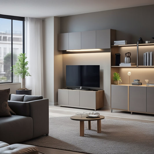 A clutter-free, modern living room with a sleek, wall-mounted storage unit featuring three rectangular shelves, two closed cabinets, and a compact workstation, illuminated by a floor lamp.