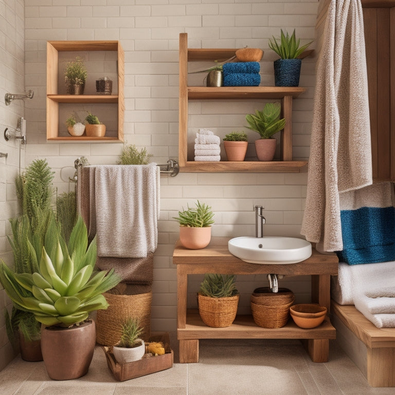 A cozy small bathroom featuring unique open shelving made of reclaimed wood, adorned with vibrant succulents, neatly arranged colorful towels, and chic bathroom essentials, all against a backdrop of soft, neutral-toned tiles.