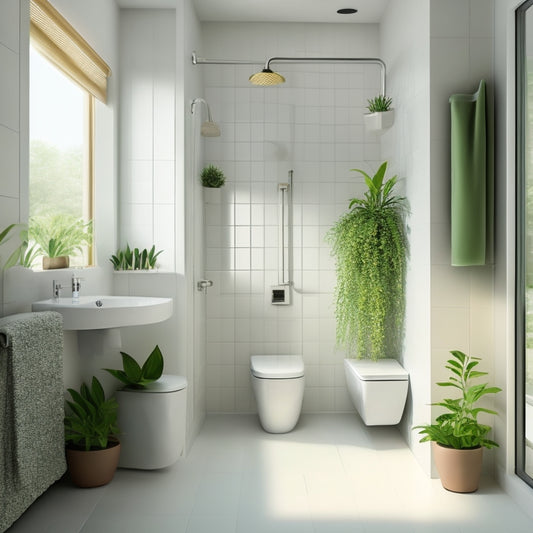 A minimalist illustration of a small, sleek bathroom with a wall-mounted sink, a compact toilet, and a shower with a sliding glass door, surrounded by light-colored tiles and a few lush green plants.