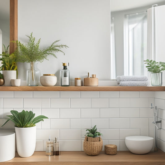A serene minimalist bathroom featuring floating wooden shelves with neatly arranged small plants, chic glass jars for toiletries, a sleek white vanity, and soft natural light illuminating a clutter-free space.