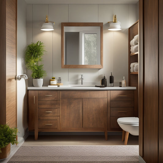 A well-lit, modern bathroom with a sleek, wall-mounted sink cabinet in a warm wood tone, surrounded by tasteful decor and accessories, showcasing various styles and sizes of cabinets.