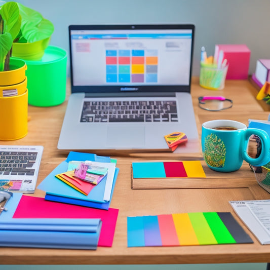 A colorful, clutter-free desk with a laptop, a few folders, and a cup of coffee, featuring various customizable labels and stickers on office supplies, folders, and a planner.