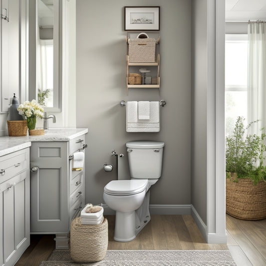 A clutter-free bathroom with a pedestal sink, a woven basket under the sink, a tiered shelf above the toilet, and a hanging organizer on the back of the door, all in a calming white and gray color scheme.