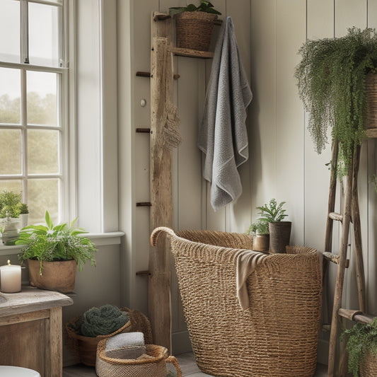 A cozy rustic bathroom featuring reclaimed wood shelves, vintage wicker baskets, and a distressed ladder for towel storage, surrounded by potted greenery and soft, natural lighting filtering through a frosted window.