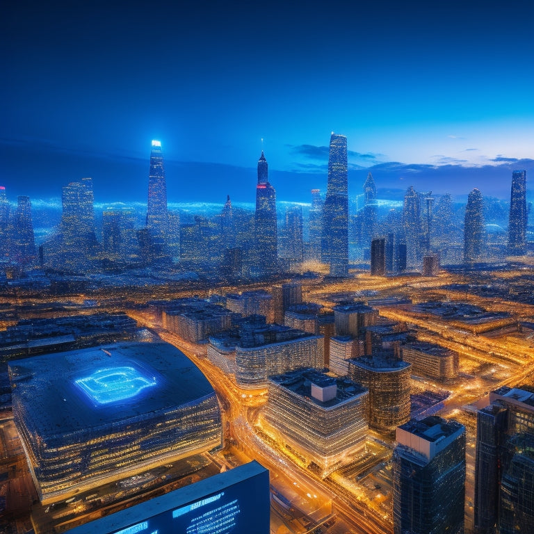 A futuristic, neon-lit cityscape at dusk with sleek skyscrapers, amidst which a giant, glowing LinkedIn logo emerges, surrounded by swirling circuits, gears, and faint AI-inspired patterns.