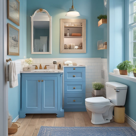 A serene, well-lit small bathroom with a wall-mounted cabinet, a pedestal sink with a slide-out drawer, and a tall, narrow shelving unit beside a compact, oval-shaped bathtub.