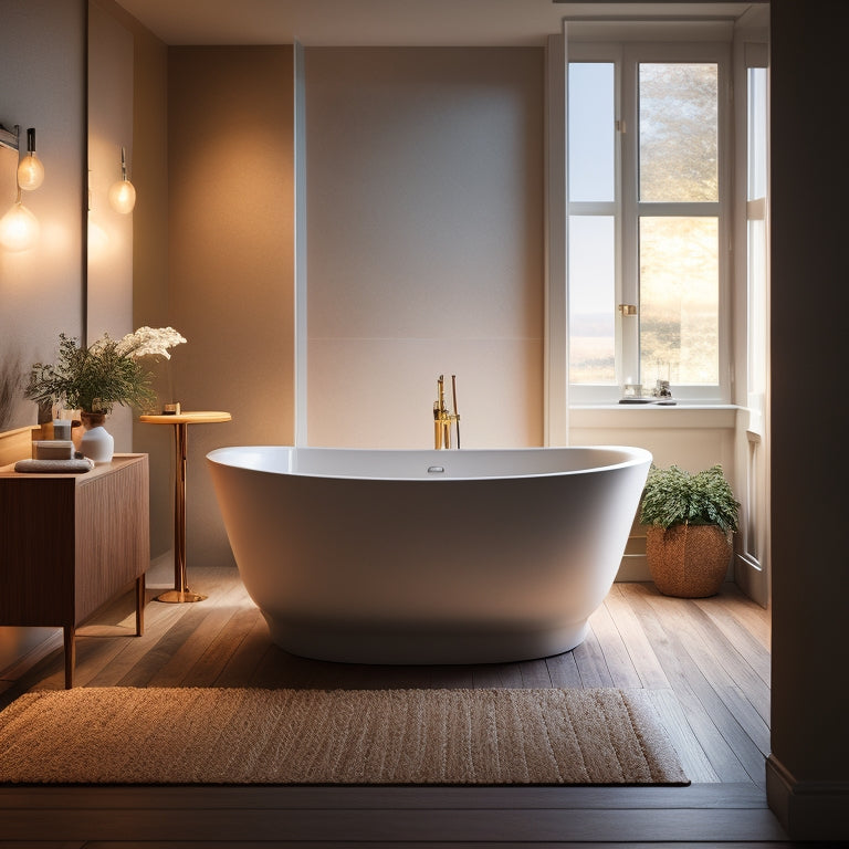 A serene, minimalist bathroom featuring a sleek, freestanding tub with gentle curves, surrounded by warm, honey-toned wood accents, and illuminated by soft, ambient floor lighting.