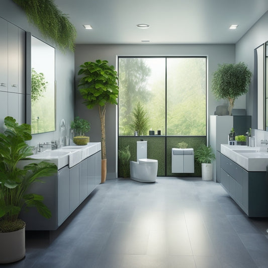 A modern storage facility with rows of sleek, silver units, a clean and well-lit bathroom in the foreground, complete with a sink, toilet, and shower, surrounded by lush greenery.