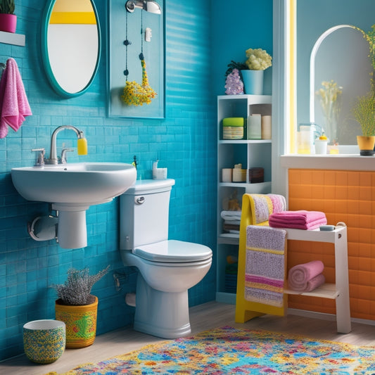 A colorful, well-lit bathroom interior with a toddler-sized sink, a stool, and a wall-mounted toilet with a child's toilet seat adapter, surrounded by soft, rounded edges and playful decorative elements.